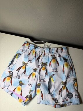 Kids Penguin-Print Swim Shorts in White and Blue